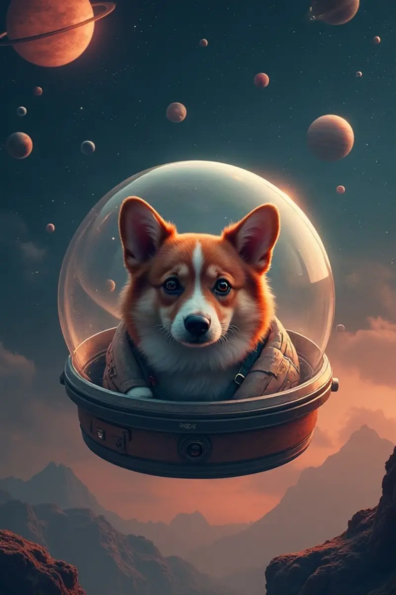 Example movie poster artwork of a corgi in a space helmet among planets